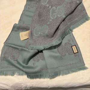 Gucci Mint Green and Gray Logo Scarf
